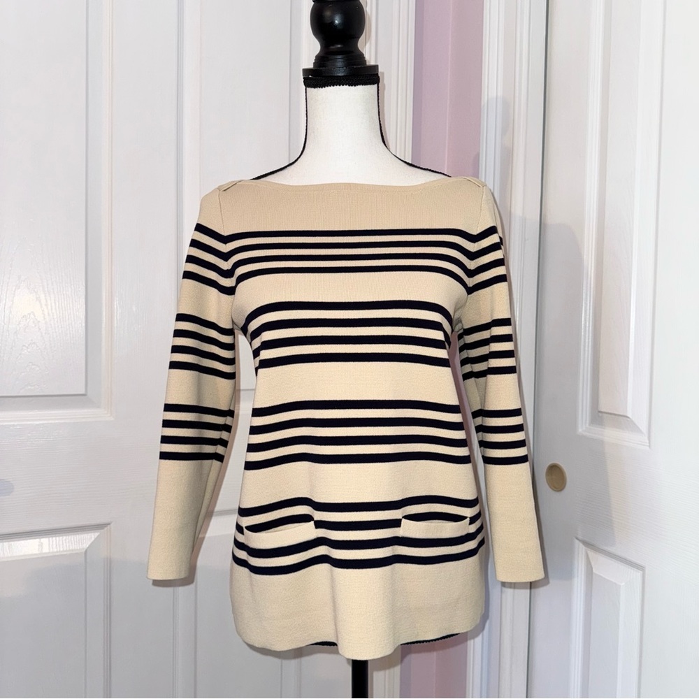 JCrew beige & black striped 3/4 arm boat neck front pockets fitted blouse small